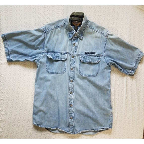 Harley-Davidson Other - VTG Harley Davidson Men Denim Heavy Cotton Shirt Short Sleeve Button Up M Tall